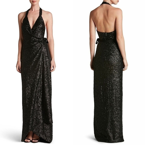NWT $398 Dress the Population Giselle Sequin Wrap Gown Black - Picture 1 of 14